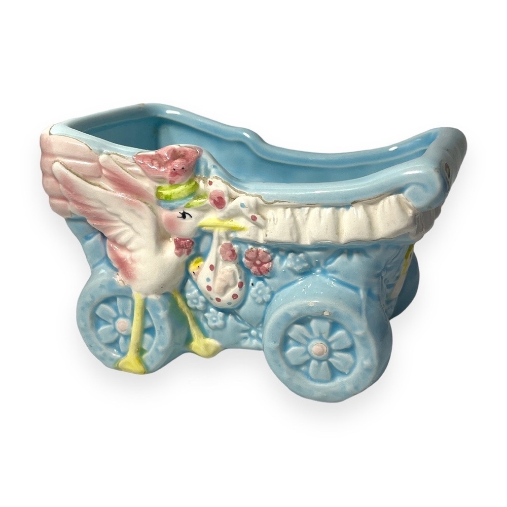 Vintage Rubens Blue Baby Buggy Ceramic Indoor Planter Stork Pastel